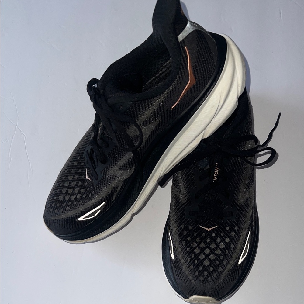 Clifton Hoka One One Women’s Black with Rose Gold Athletic Running Shoes